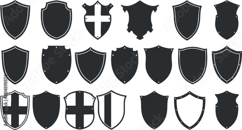Collection of black silhouette vector shields in various styles, ideal for logo design, branding, and graphic projects