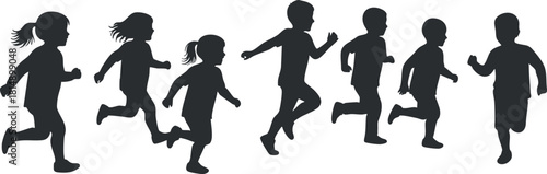 Dynamic silhouette illustration of children running, showcasing playful movement in a fun and active design.