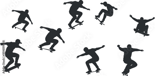 Dynamic silhouette vector illustration of skateboarders performing tricks in various poses, ideal for sports-themed designs and branding.