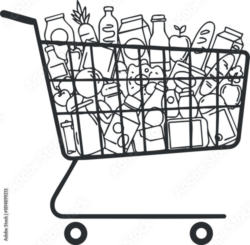 Outline vector illustration of a shopping cart filled with various groceries for retail and consumer projects