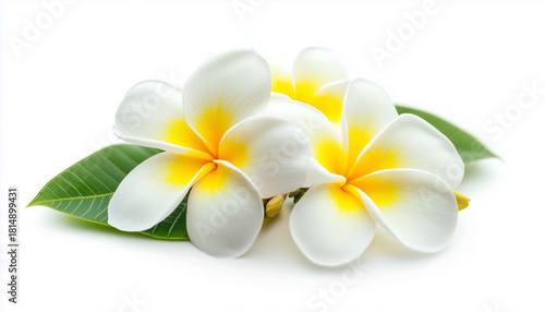 Plumeria, frangipani flowers with leaves isolated on white background, macro