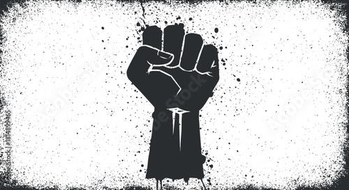 Bold vector illustration of a raised fist symbolizing strength and solidarity in a grunge art style