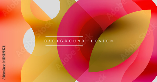 Abstract colorful shapes overlap, creating vibrant fluid design. Warm tones dominate with pink, orange, yellow hues. Background text present.