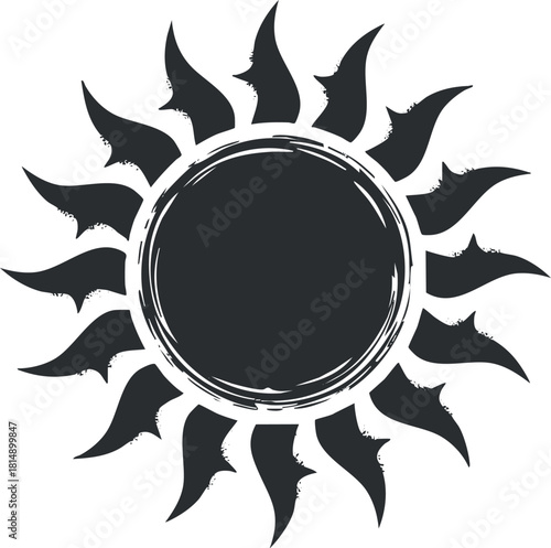 Stylized black vector illustration of a sun with artistic rays, ideal for branding and design projects.