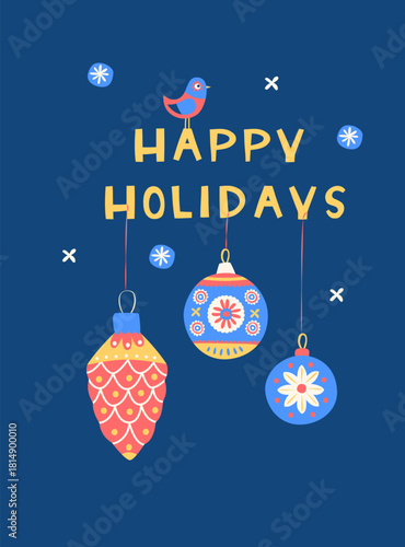 Happy Holidays Folk Art Card, Scandinavian Winter Illustration with Ornaments and Bird