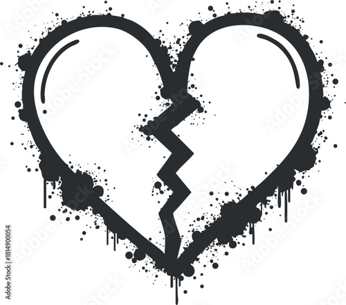 Grunge style vector illustration of a broken heart, featuring splatter and drip effects for emotional design projects