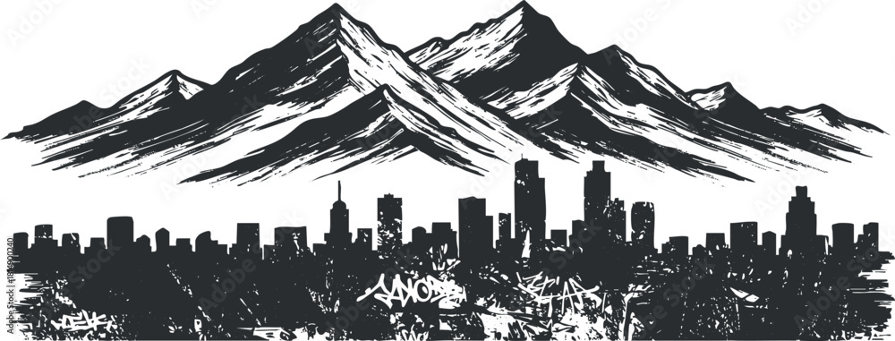 Obraz premium Stylized black and white vector illustration of mountains and a city skyline, ideal for urban design projects and outdoor themes