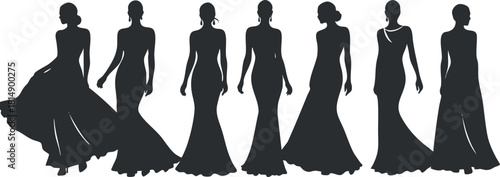 Silhouette vector illustration collection of elegant women in various stylish dresses, ideal for fashion design and branding projects