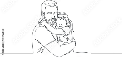 Minimalist line art illustration of a father hugging his daughter, representing love and family bonds in a modern style