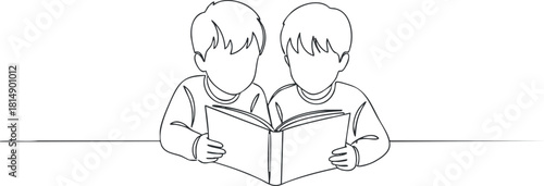 Minimalist line art illustration of two children reading a book together, perfect for educational and literacy themes