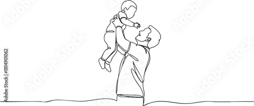 Minimalist line art illustration of a parent lifting a child in a joyful embrace, symbolizing love and connection.