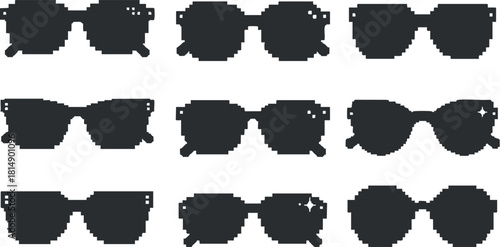 Collection of minimalist black silhouette vector illustrations of different sunglasses styles for fashion and design projects