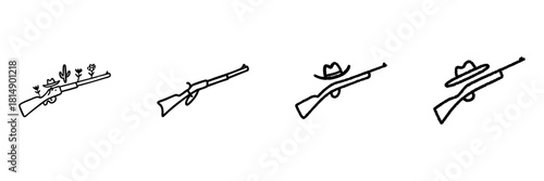 Rifle And Cowboy Hat Line Icon Set In Doodle Style. Western Culture, Hunting, And Nature Integration Outline Sketch Collection. Hand Drawn Isolated Vector Illustration