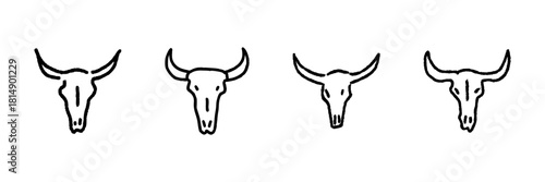 Bull Skull Line Icon Set In Doodle Style. Western Symbolism And Rustic Decor Outline Sketch Collection. Hand Drawn Isolated Vector Illustration