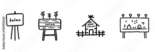 Salon Signage And Building Line Icon Set In Doodle Style. Beauty And Hair Salon Advertising And Architecture Outline Sketch Collection. Hand Drawn Isolated Vector Illustration