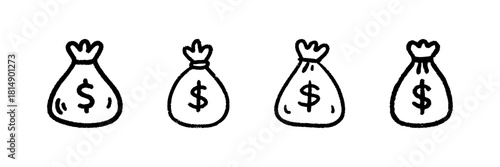 Money Bag Line Icon Set In Doodle Style. Financial Savings, Wealth Accumulation, And Investment Outline Sketch Collection. Hand Drawn Isolated Vector Illustration