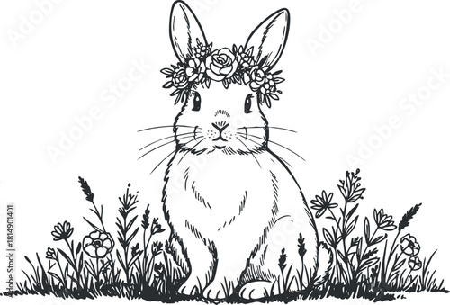 Charming hand-drawn black and white vector illustration of a rabbit adorned with a floral crown amidst wildflowers.