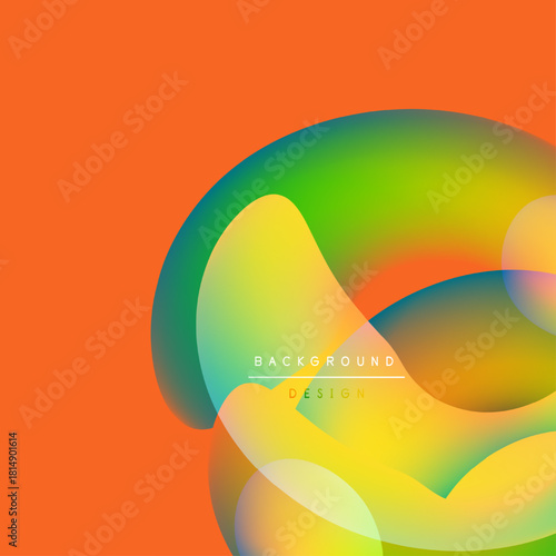 Abstract vibrant shapes overlap, creating colorful gradients. Orange background complements green, yellow hues. Modern design element.