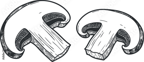 Hand-drawn vector illustration of two mushrooms in a sketch style, ideal for culinary and organic design projects