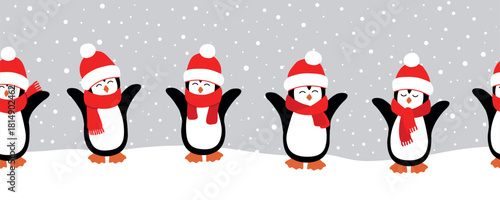 Happy Baby Penguins Enjoy Winter Holidays. Christmas Seamless Border. Funny Penguins in Red Hats, Scarves. Cute Animals under Snowing. Vector illustration in Red, White, Black on Gray
