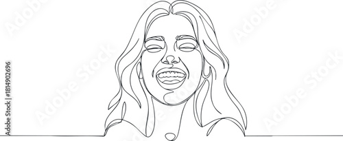 Minimalist line art illustration of a joyful woman smiling, perfect for branding, design projects, and modern decor.