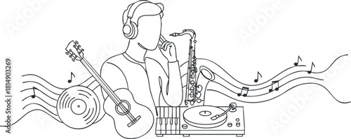 Minimalist line art illustration of a musician playing saxophone, surrounded by vinyl records and sound waves for music-themed design