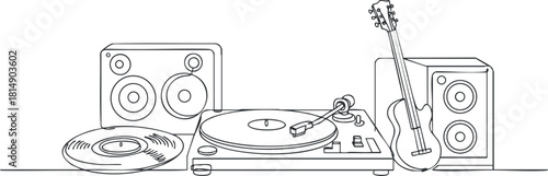 Minimalist line art vector illustration of music equipment featuring a turntable, vinyl records, speakers, and a guitar for design projects.