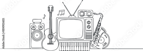 Stylish line art vector illustration featuring musical instruments and audio equipment for creative projects and media design