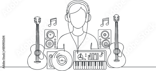 Minimalist line art vector illustration of a musician with headphones surrounded by various musical instruments and equipment for creative projects
