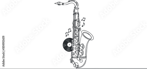 Minimalist black and white vector illustration of a saxophone with musical notes and a vinyl record, ideal for music-themed designs