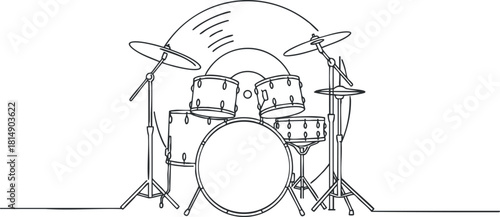Minimalist line art illustration of a drum set with cymbals, perfect for music-themed projects and branding.