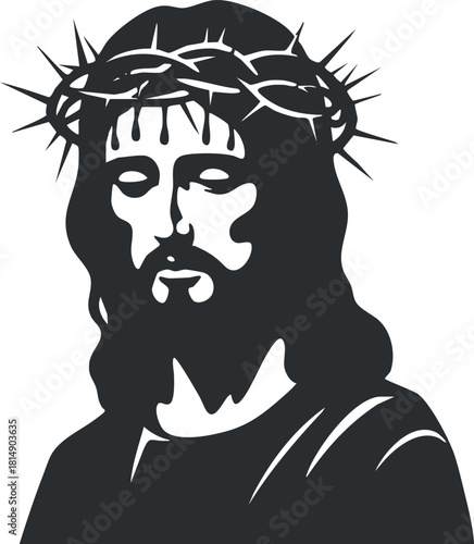 Minimalist black and white vector illustration of Jesus Christ with a crown of thorns, perfect for religious and spiritual design projects