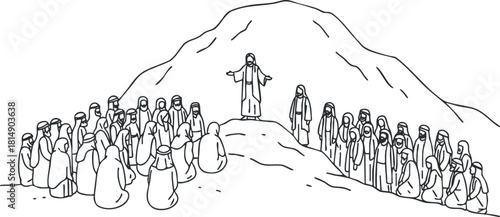 Outline vector illustration of a crowd gathered around a mountain for a spiritual teaching concept