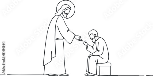 Line art illustration depicting Jesus offering comfort and guidance to a person in need for spiritual and religious contexts