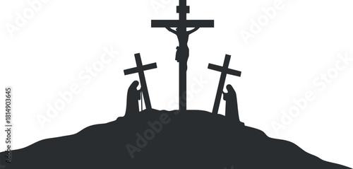 Silhouette vector illustration of the crucifixion scene featuring three crosses on a hill for religious and spiritual design projects
