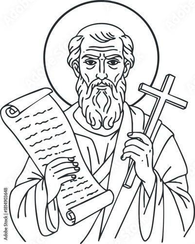 Line art vector illustration of a saint holding a scroll and a cross, ideal for religious and spiritual projects