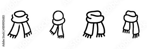 Scarves Line Icon Set In Doodle Style. Winter Fashion Accessories And Warm Clothing Outline Sketch Collection. Cozy And Stylish Neckwear Illustrations. Hand Drawn Isolated Vector Illustration