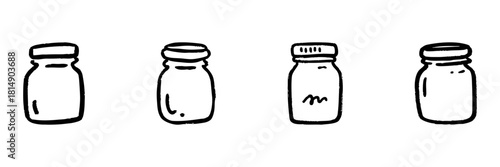 Four Glass Jars Line Icon Set In Doodle Style. Storage, Preservation, And Organization Outline Sketch Collection. Kitchen And Pantry Essentials. Hand Drawn Isolated Vector Illustration