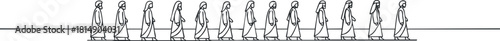 Continuous line art illustration depicting a series of characters walking in a rhythmic sequence for design and animation projects