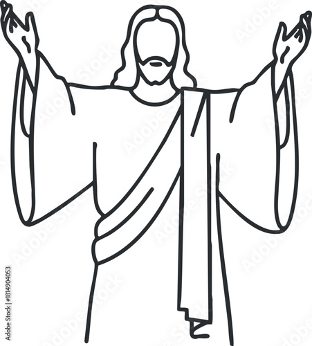 Outline vector illustration of Jesus Christ with outstretched arms, symbolizing faith and spirituality for religious contexts