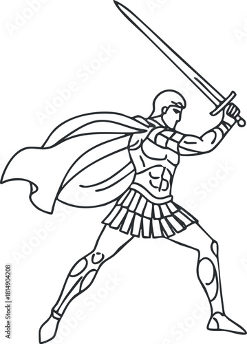 Dynamic outline vector illustration of a heroic warrior wielding a sword, ideal for fantasy and action-themed projects