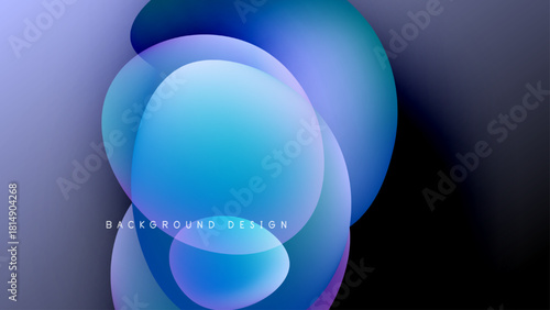 Abstract fluid shapes overlap, creating vibrant blue, purple gradients. Dark background emphasizes luminous forms, modern design element.