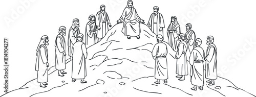 Line art illustration depicting Jesus teaching his disciples on a mountain, suitable for religious and educational contexts