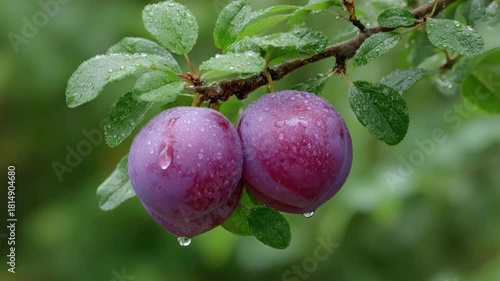 Wallpaper Mural A stunning close-up of two perfectly ripe, vibrant purple plums hanging gently from a leafy branch, glistening with fresh water droplets. The scene captures the essence of natural abundance and purity Torontodigital.ca