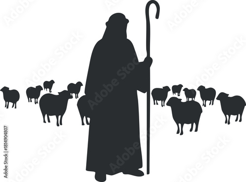 Silhouette vector illustration of a shepherd guiding a flock of sheep, ideal for agricultural and pastoral themes