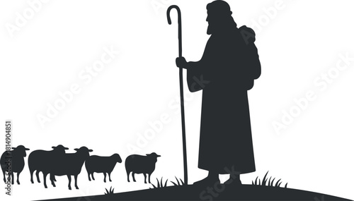 Silhouette vector illustration of a shepherd guiding a flock of sheep in a rural landscape setting