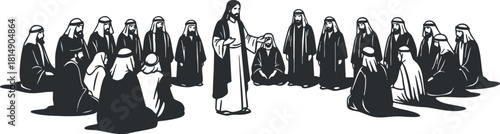 Black and white vector illustration depicting a gathering of people engaged in discussion, ideal for cultural or educational projects