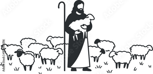Silhouette vector illustration of a shepherd holding a lamb surrounded by sheep in a pastoral setting