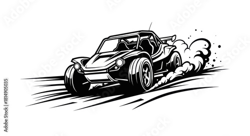 Dynamic Black and White Illustration of a Racing Dune Buggy Kicking Up Dust.