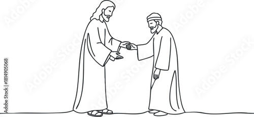 Line art illustration depicting Jesus offering help and guidance to a follower, perfect for religious themes and spiritual projects